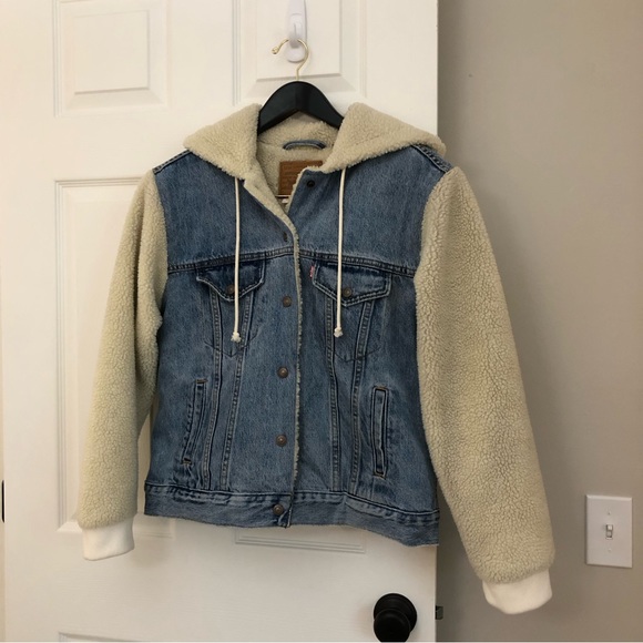 Levi's Premium Ex-Boyfriend Sherpa Hooded Trucker Jean Jacket Medium - Picture 6 of 16